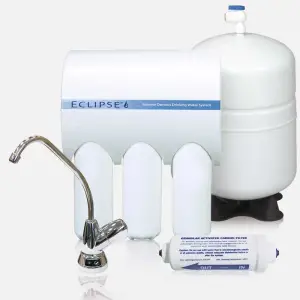 A white reverse osmosis water filtration system branded "ECLIPSE" is displayed, including a faucet, water tank, and multiple cylindrical filters. One filter is detached and lying in the foreground.