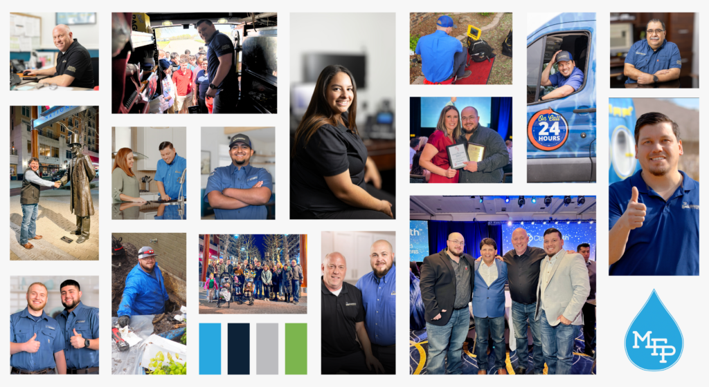 A collage of various photos showing diverse people engaged in careers related to plumbing and customer service, including service interactions, teamwork, and professional portraits, all with a blue and white color theme.