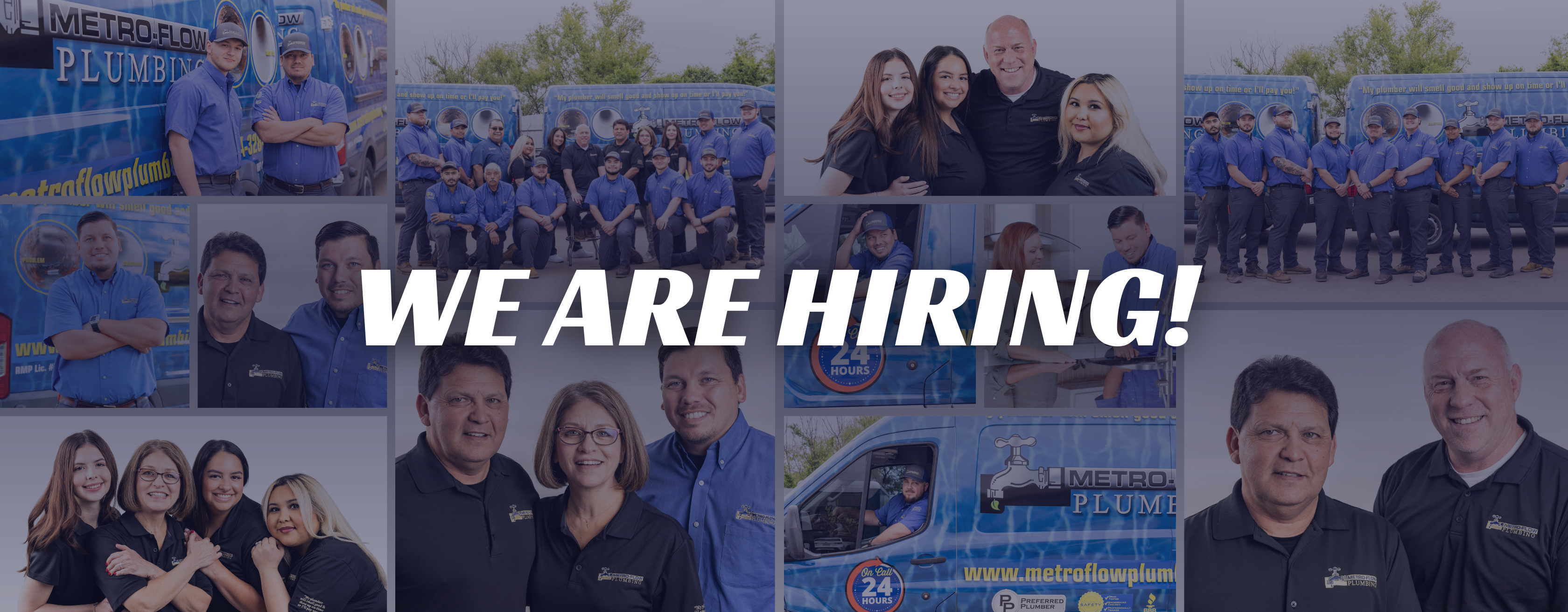A promotional image featuring a collage of diverse employees from Metroflow Plumbing, with images of staff in uniforms, family-like groups, and service vans, overlaid with the text “Careers Open!” in