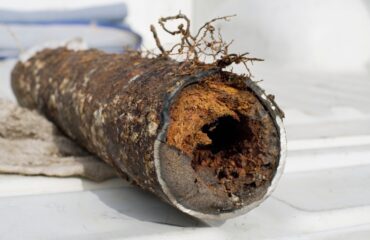 An old, corroded plumbing pipe with extensive rust and a hollow, deteriorated center, resting on a white surface, possibly indicating water damage or long-term decay.