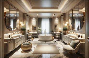 Luxurious bathroom with a central freestanding tub, surrounded by elegant cream cabinets, gold accents, large mirrors, and a cozy sitting area with a green armchair featuring trenchless pipe technology.