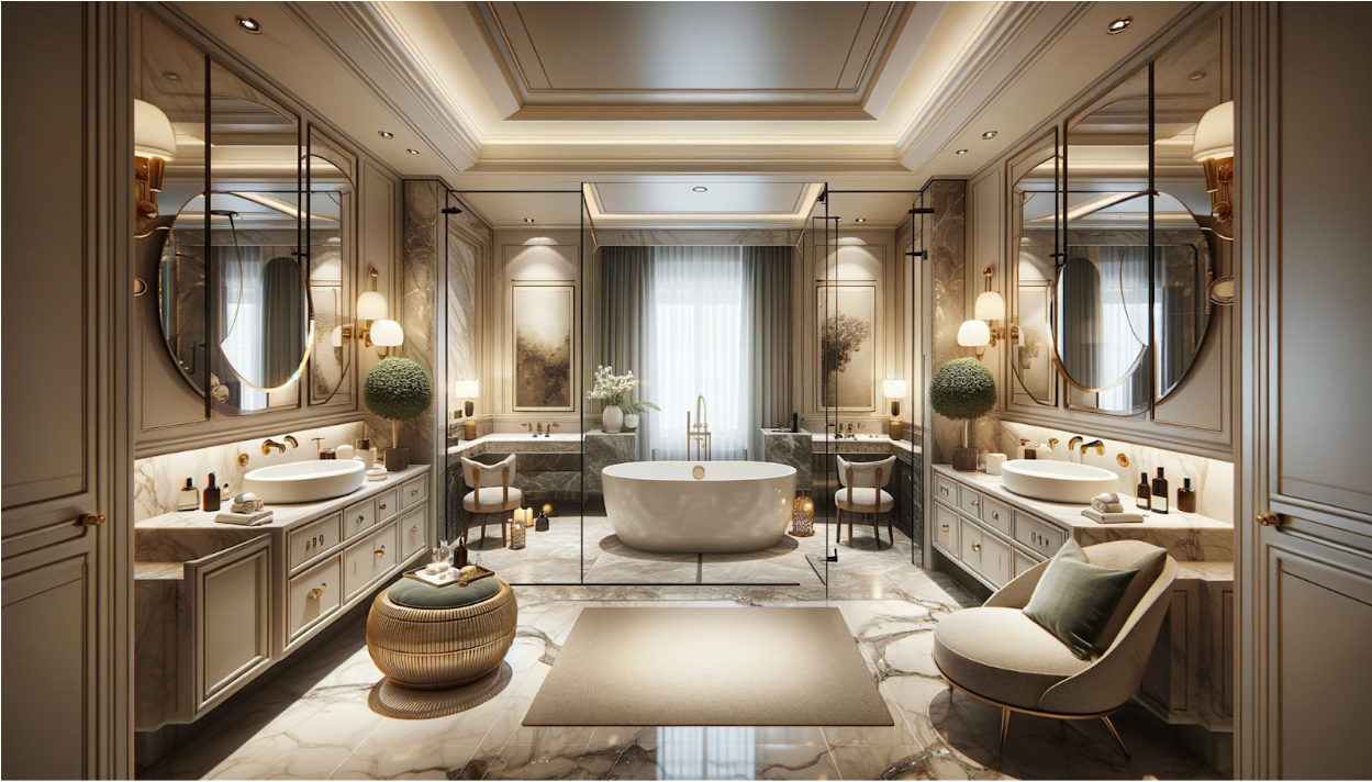 Luxurious bathroom with a central freestanding tub, surrounded by elegant cream cabinets, gold accents, large mirrors, and a cozy sitting area with a green armchair featuring trenchless pipe technology.