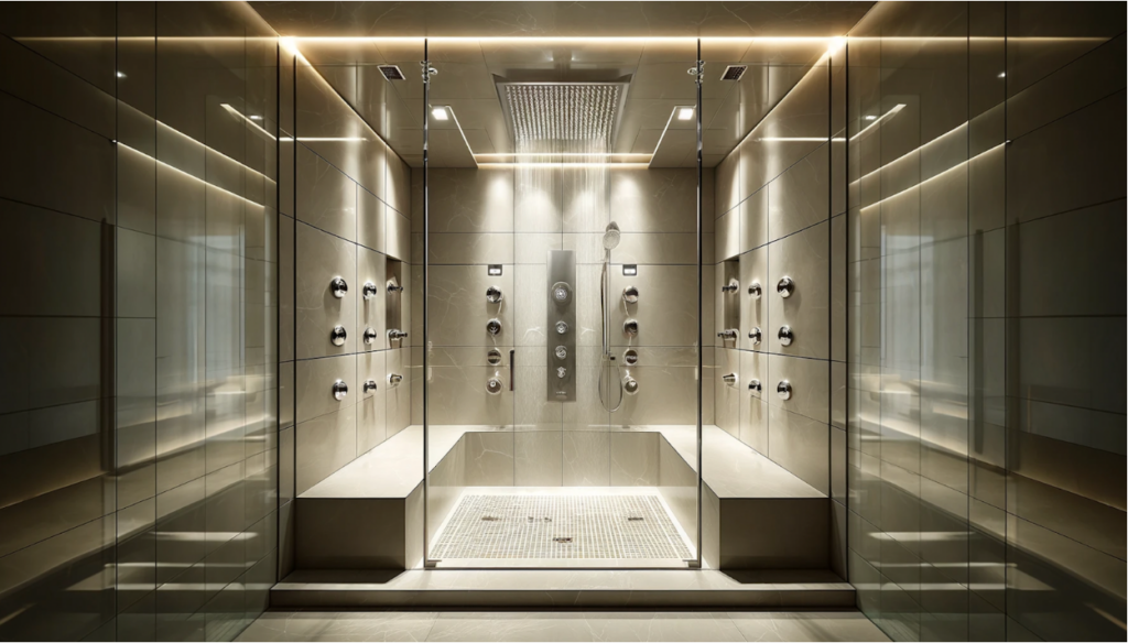 Luxurious modern shower room with multiple shower heads and metallic panels on gray tiled walls, illuminated by soft overhead and accent lighting, featuring a trenchless pipe system.