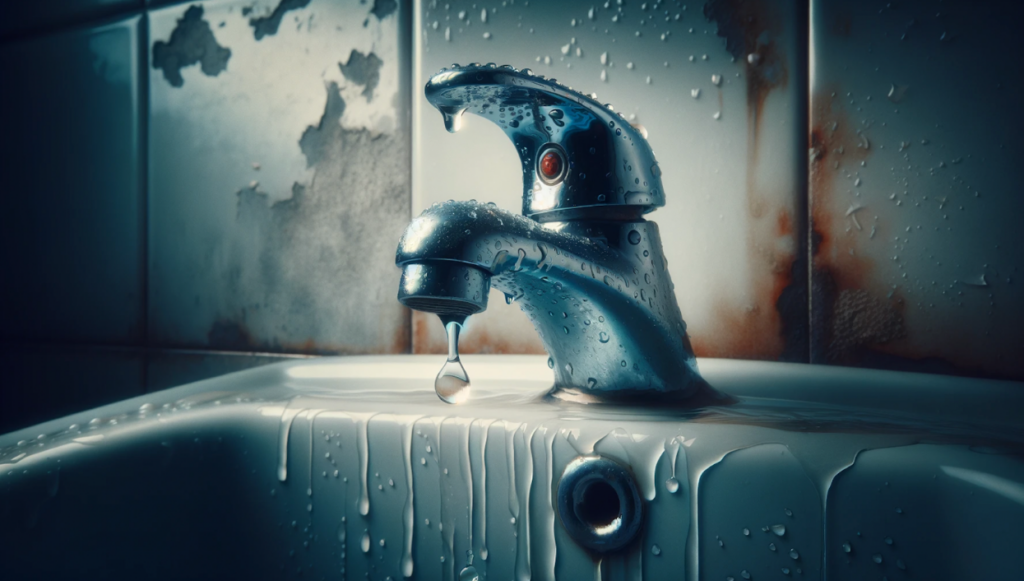 Close-up of a chrome plumbing faucet with a single water droplet falling, set against a backdrop of a rusty and tiled wall, depicting a sense of neglect and decay.