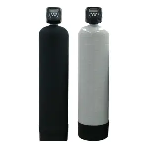 Two water softener tanks are shown. The tank on the left is black, while the tank on the right is white with a black base. Both tanks have control heads on top with digital displays. The sleek and modern design suggests a high-quality home use appliance that includes an advanced water filtration system.